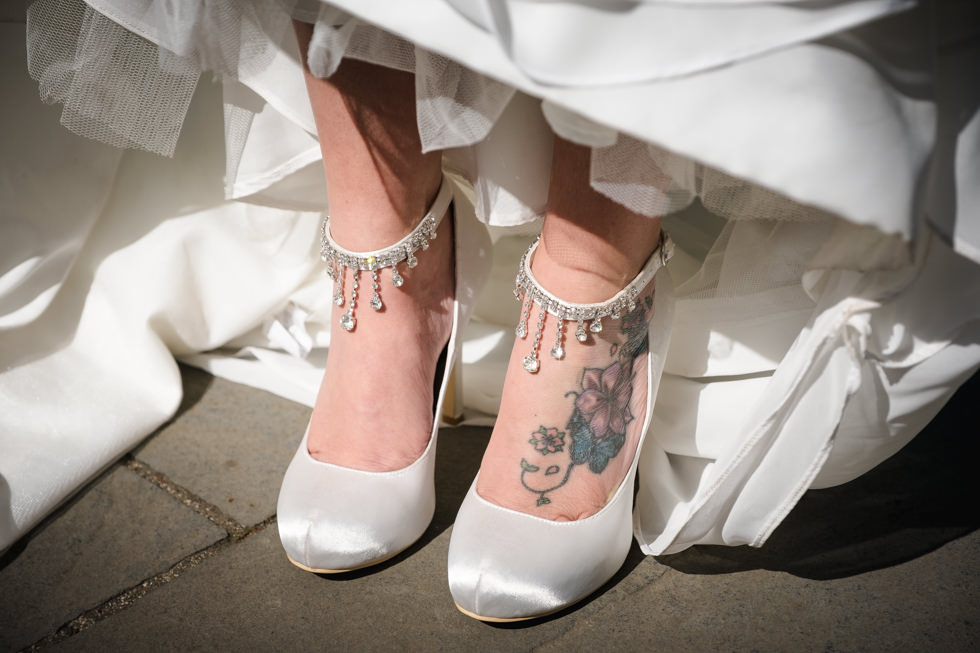 Lodge on Loch Goil Wedding. Bride's wedding shoes with tattoo detail.