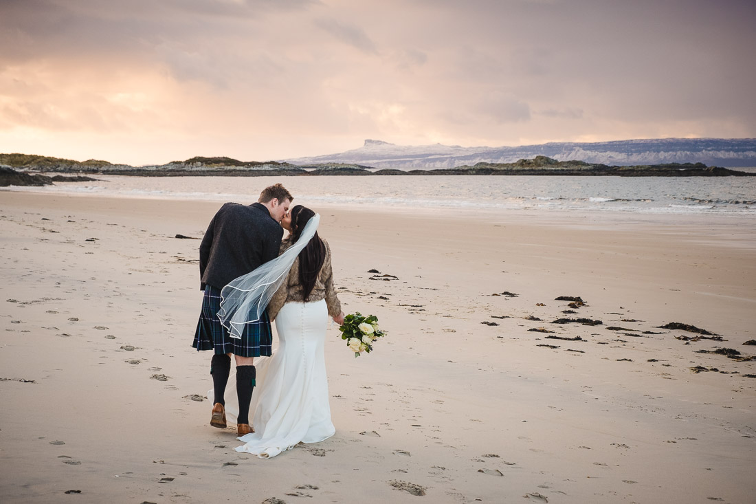 Winter Elopement in Arisaig - bride and groom wedding photographs Morar beach Camusdarach