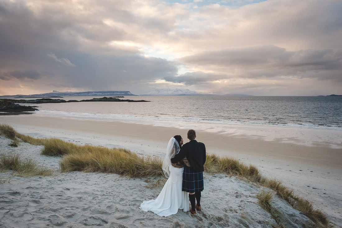 Winter Elopement in Arisaig - bride and groom wedding photographs Morar beach Camusdarach